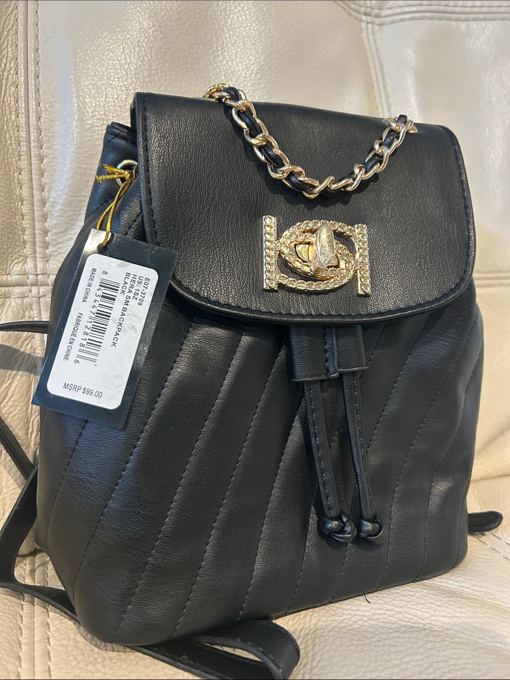 Bebe Black Quilted Mini Leather Convertible Backpack w/Gold Chain retail $99